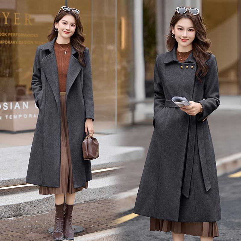 Women's Extra Long Wool Coat with Tie - Autumn/Winter Korean Fashion, Lapel Design (HR1018)