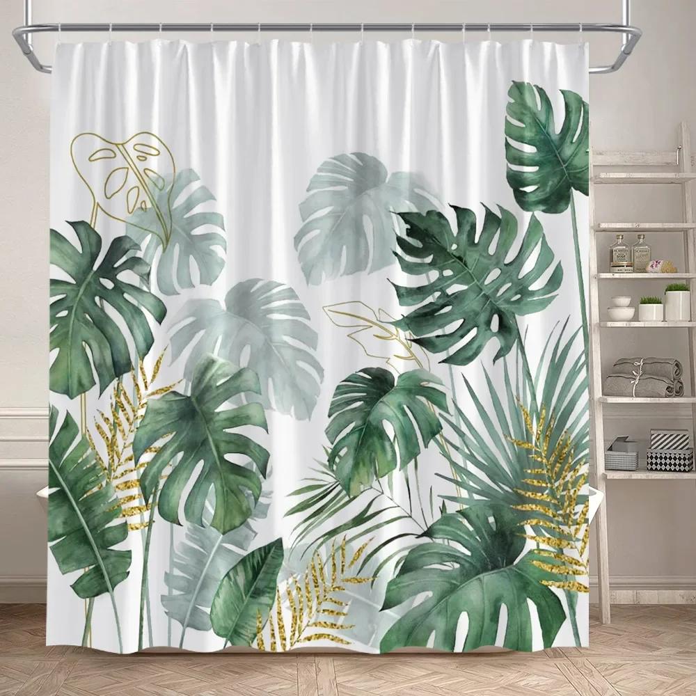 Leaves Shower Curtain Green PTropical alm Leaf Monstera Plant Bath Curtains Set Polyester Fabric Home Bathroom Decor with Hooks