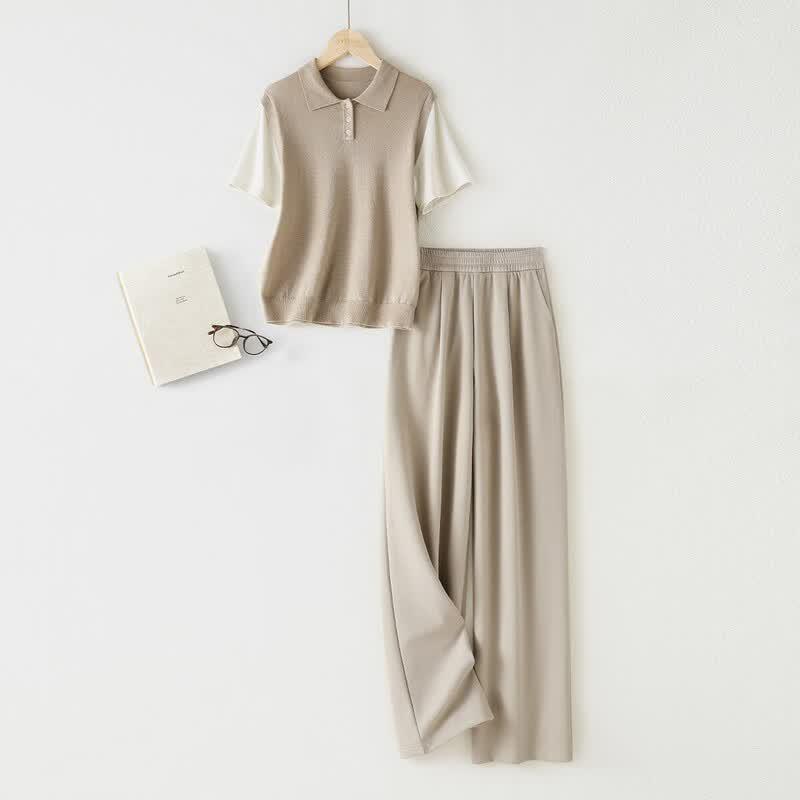 IHIMI Women s Relaxed Polo Knit Two-Piece Set L легкие хаки