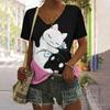 Women's T Shirt Summer Cat print Casual Short Sleeve V-Neck Tee Fashion Streetwear Female Oversized Clothing