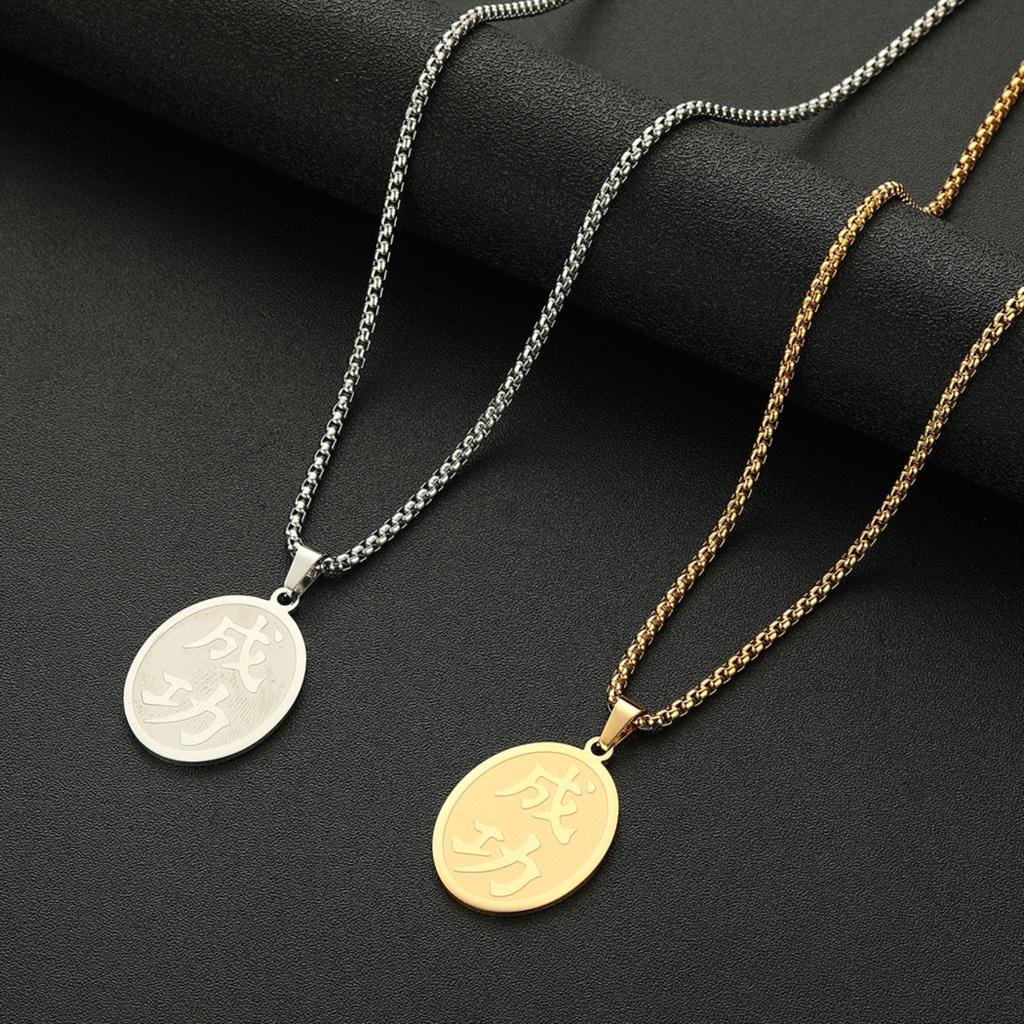 Chinese Success Symbol Pendant Necklace Men Jewelry Unisex Fashion Stainless Steel Jewelry Link Chain Neckalces