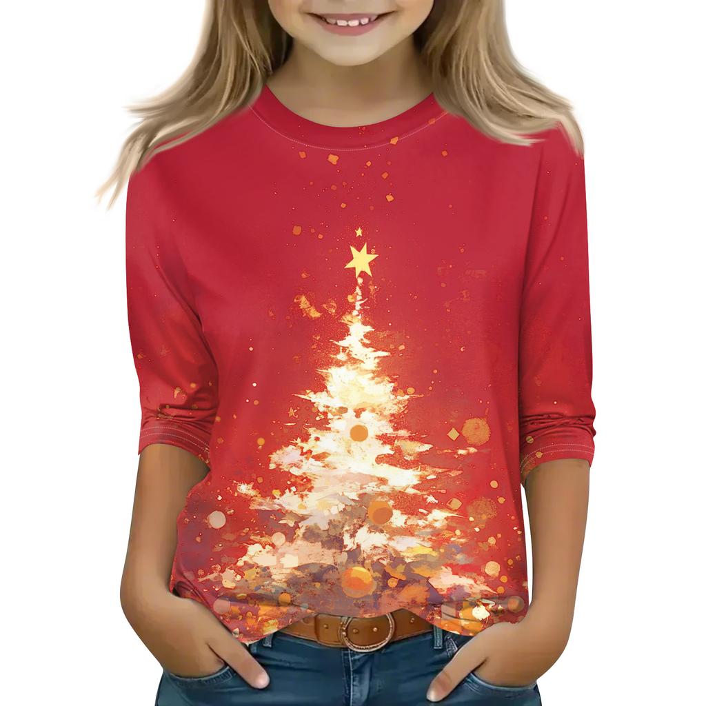 Christmas Day Print Tops For Youth Girls 4-11 Years Round Neck 3/4 Sleeves T-Shirts Trendy Tops Outfit Tees