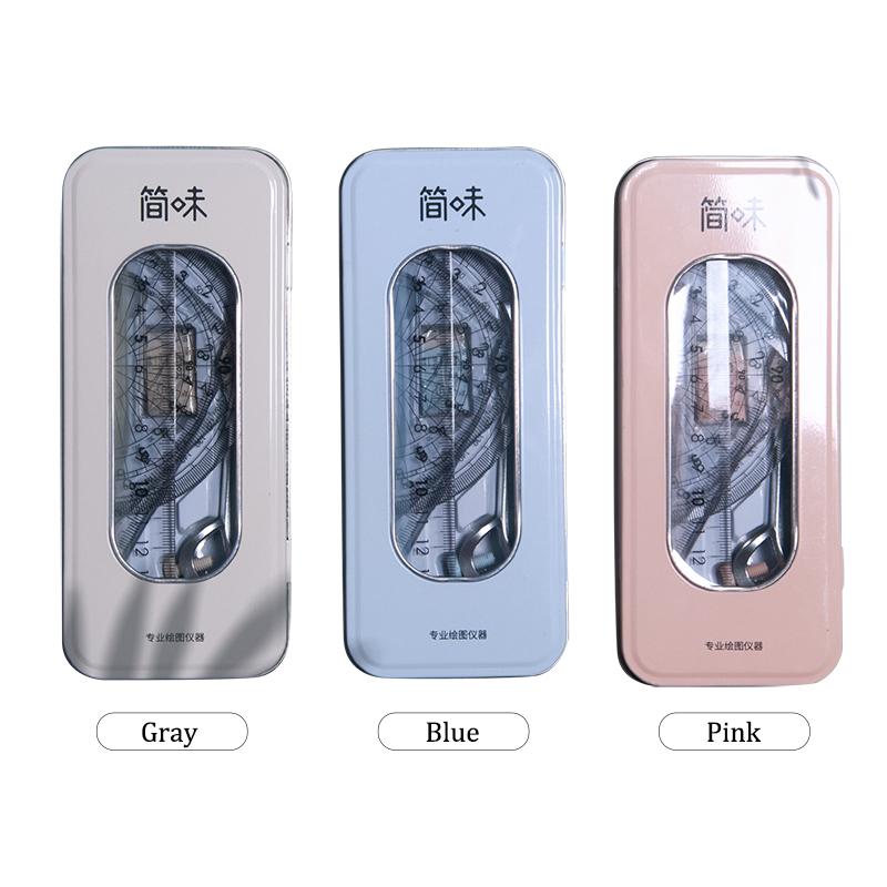 8-in-1 Compass Ruler Set with Iron Box Mathematical Geometry Drawing Tools Protractor Stationery for Students