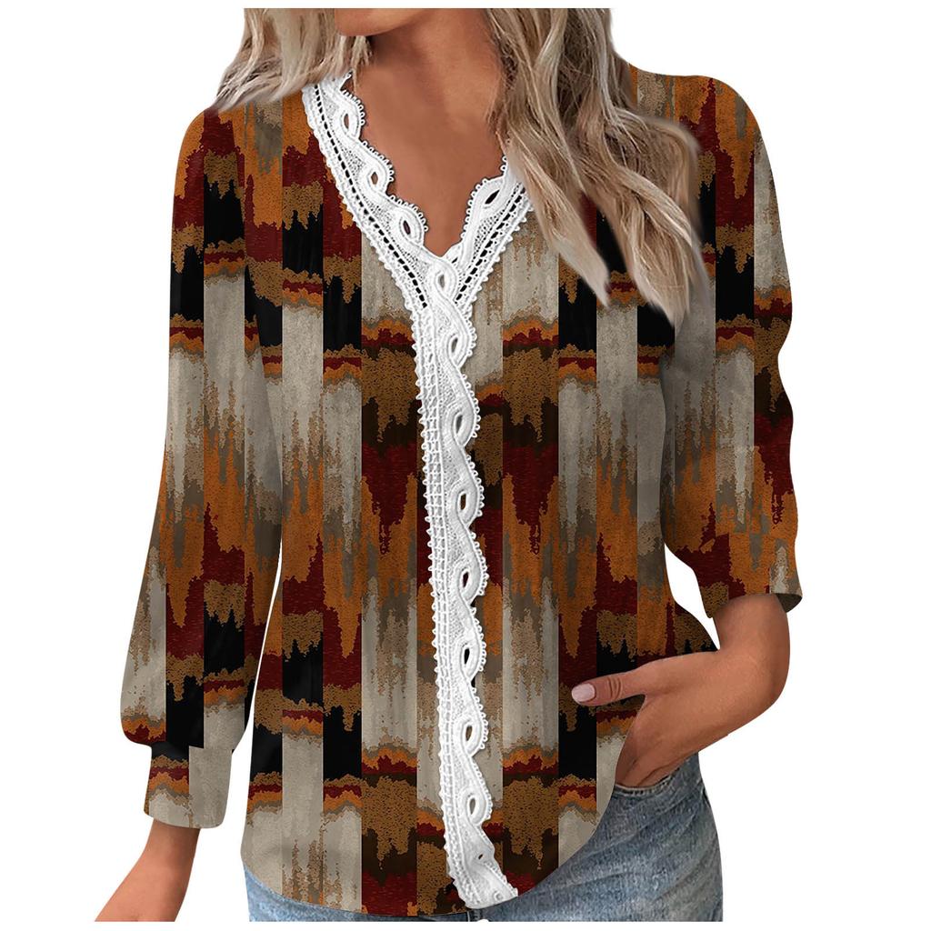 Women's V Neck Lace Long Sleeves Pleated T-Shirt Fashion Tops Tunic Button Up Ladies Business Cotton Casual Shirts