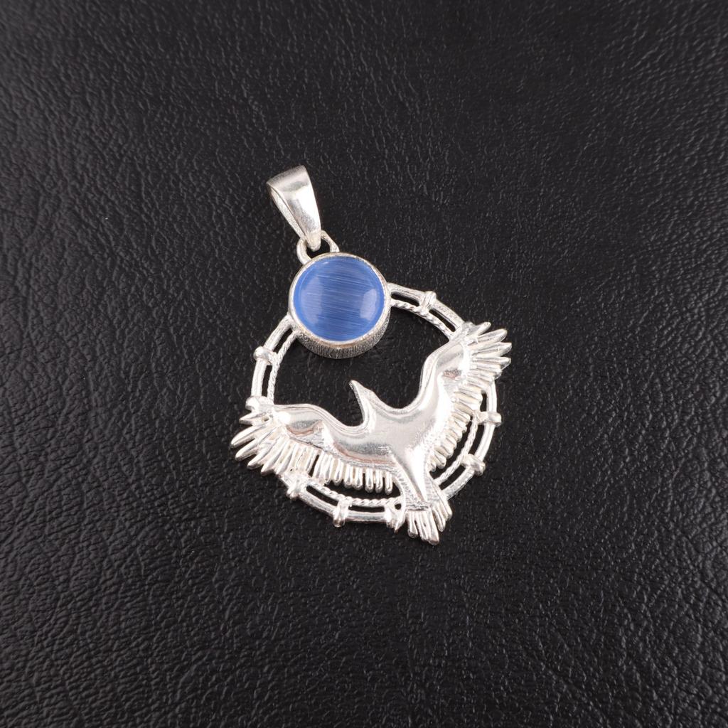 Dark Blue Cat's Eye Gemstone 925 Sterling Silver Jewelry Handmade Pendant 1.43" CP-38-44