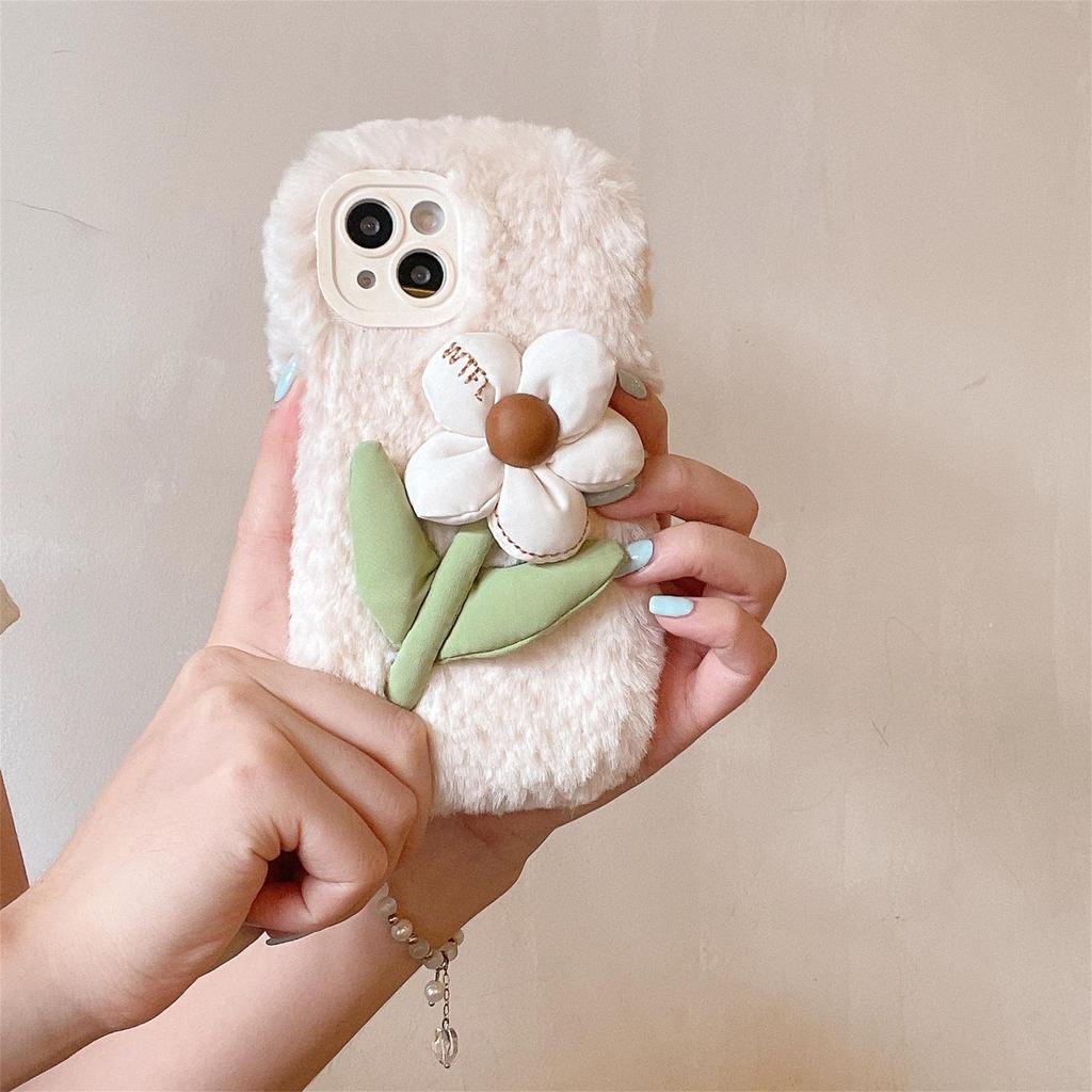 Plush 3D Flower Phone Case for iPhone 13/14/15 Pro Max - Cute Autumn/Winter Design