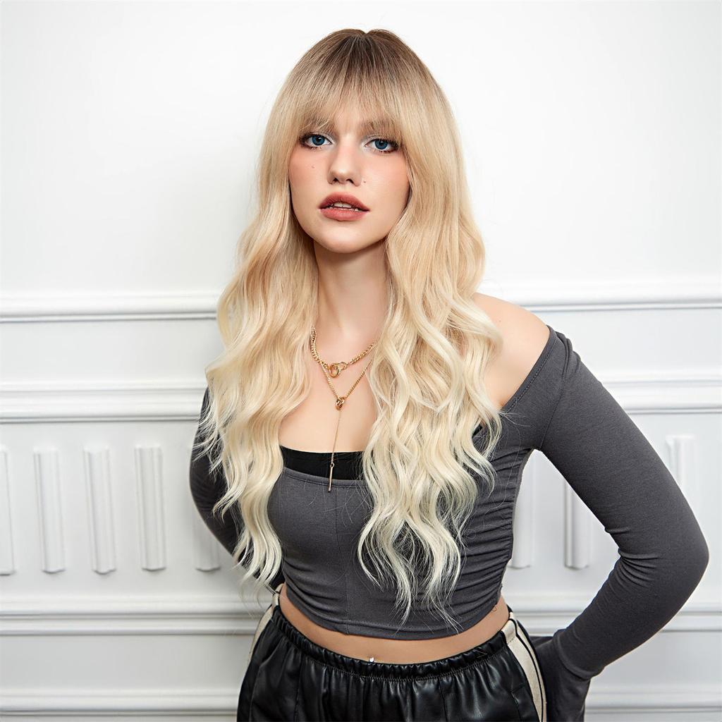 BLONDE UNICORN Long Synthetic Ombre Brown Blonde Wig Wavy Wigs with Bangs Cosplay Wigs for Women Party Use Heat Resistant Fiber
