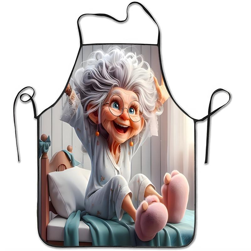 1pc Happy Old Lady Sitting On Bed Print Sleeveless Polyester Apron, Fashionable Cooking And Party Fun And Coexist, Work Apron, P