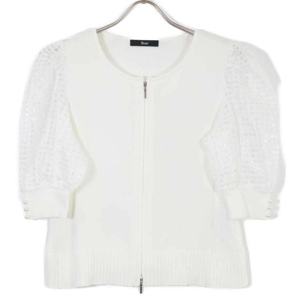 Rene 5422030 White Cotton Coated Pearl Sheer Check Puff Sleeve W-Zip Cardigan Tops 38 whiteUsed