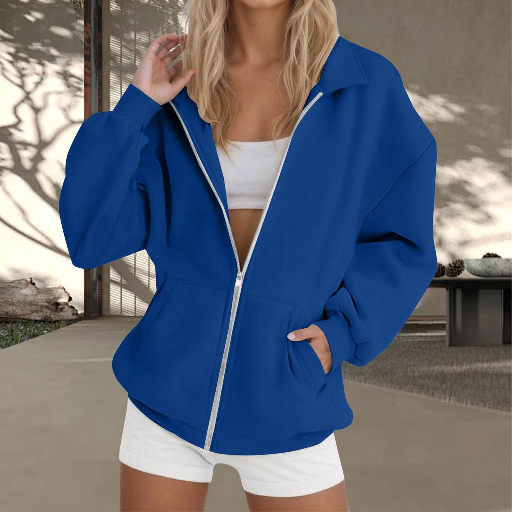 Women's  Fashion Zipper Hoodie Long Sleeve Hooded Pullover Sweatshirt Casual Solid Color Tops With Pockets