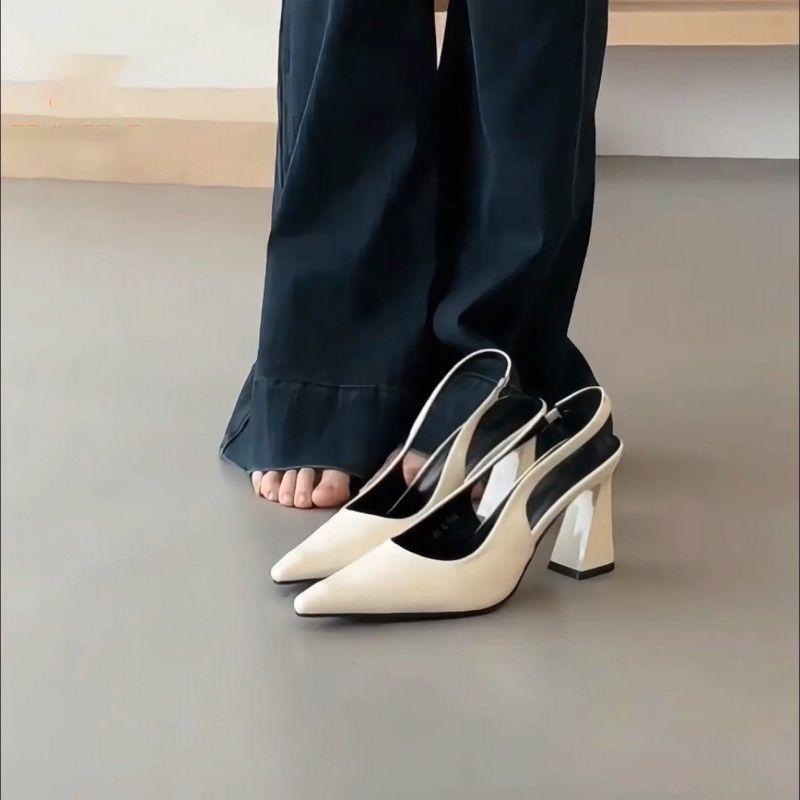 Thick heel pointed head temperament French single shoes one-word bag head sandals banquet advanced sense black patent leather high heels