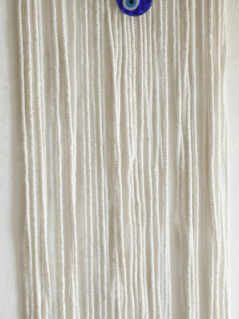 Handmade Macrame Wall Hanging with Fringe and Evil Eye Beads – Boho Chic Yarn Tapestry Home Bedroom Living Room or Nursery Decor