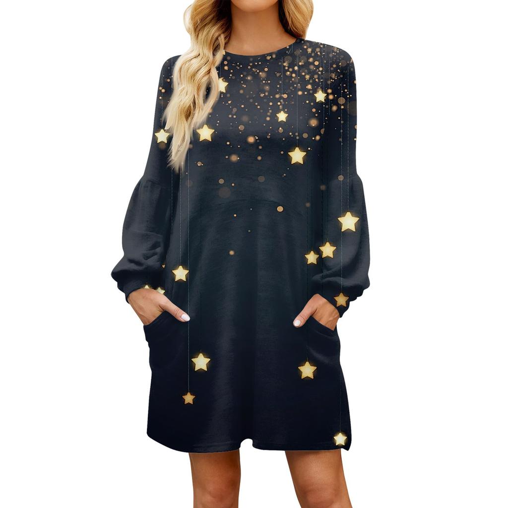 Fashionable Ladies Star Print Autumn Long Sleeve Casual Loose Dress