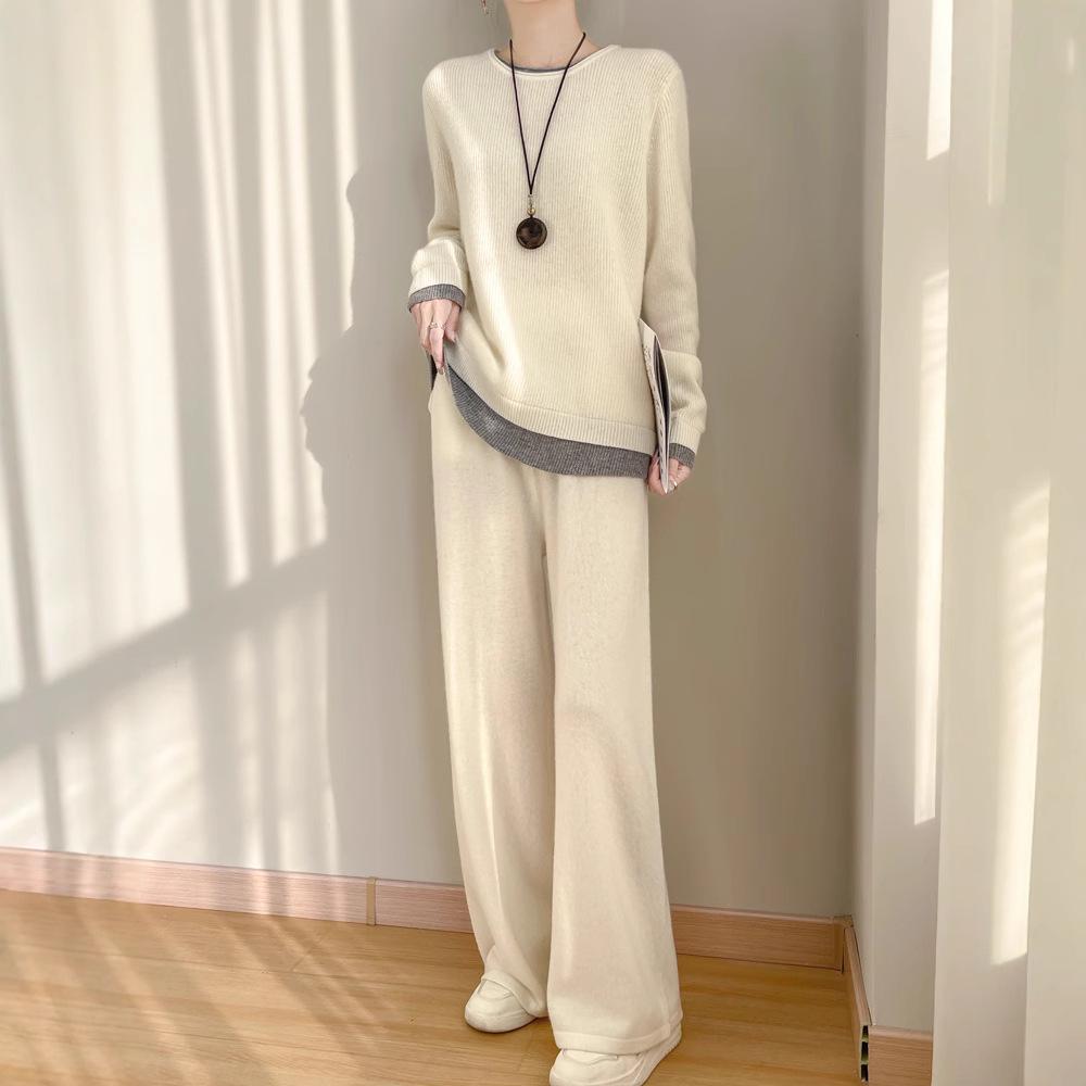 Women's Wool Suit: Two-Piece Look, Autumn/Winter, Versatile High-Quality Sweater and Pants, Lazy Style