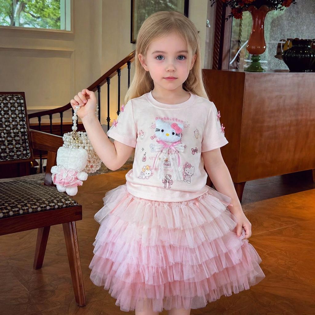 Girls Summer Cotton Cartoon T Shirt Sweet Lace Short Sleeve Top Baby Cute Thin Blouse