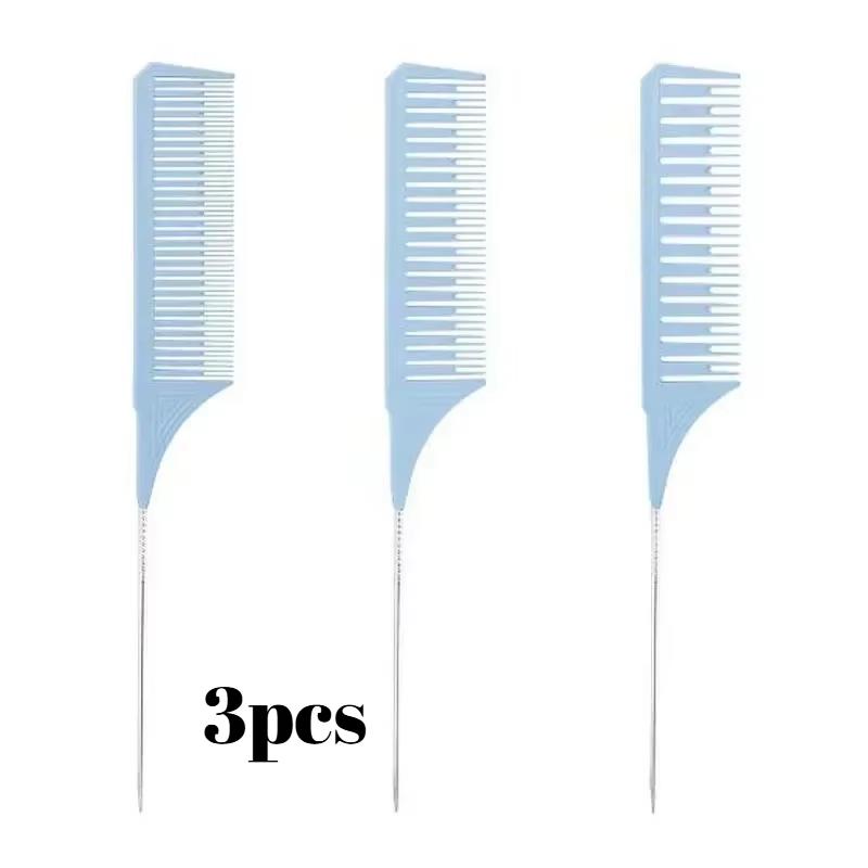 3pcs Steel Needle Tip Anti-Slip Comb - Threaded Plastic Hair Dyeing Tool, Heat-Resistant Salon Sectioning Pick for Coloring