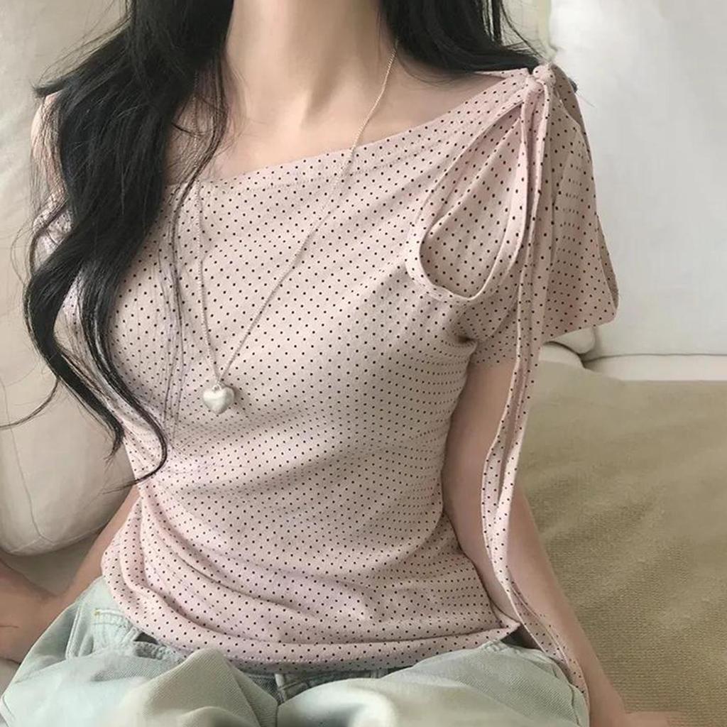2025 Summer Off-Shoulder Polka Dot Lace-Up T-Shirt - Trendy Girly Style