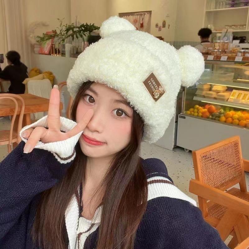 Winter cute cartoon bear ears wool hat female warm plush thickened ear protector student knitted hat