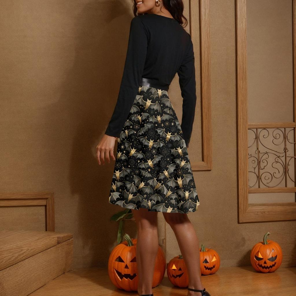 Women's Casual Fashion Long Sleeve Halloween Graphic Printed Vintage Long Dresses