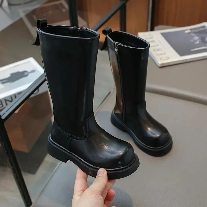 Girl's Long Boots Black Pu Leather Platform Plush Trendy Children Winter Boot Zipper Knee-high Handsome Stylish Kids Shoes 26-36