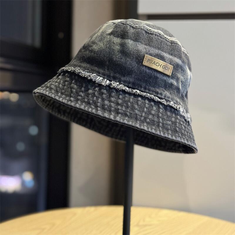 

Spring and summer new Japanese retro distressed washed denim fisherman hat for women, face-covering bucket hat that makes the face look smaller Adult54-60Adjustable чёрный