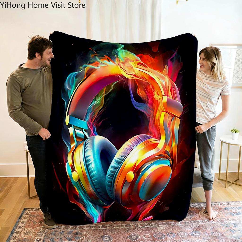 Live Music Neon Headphones Printed Flannel Blanket Perfect for Sofa Office Bed Travel Sleep Read Relax Camping Four Season Use