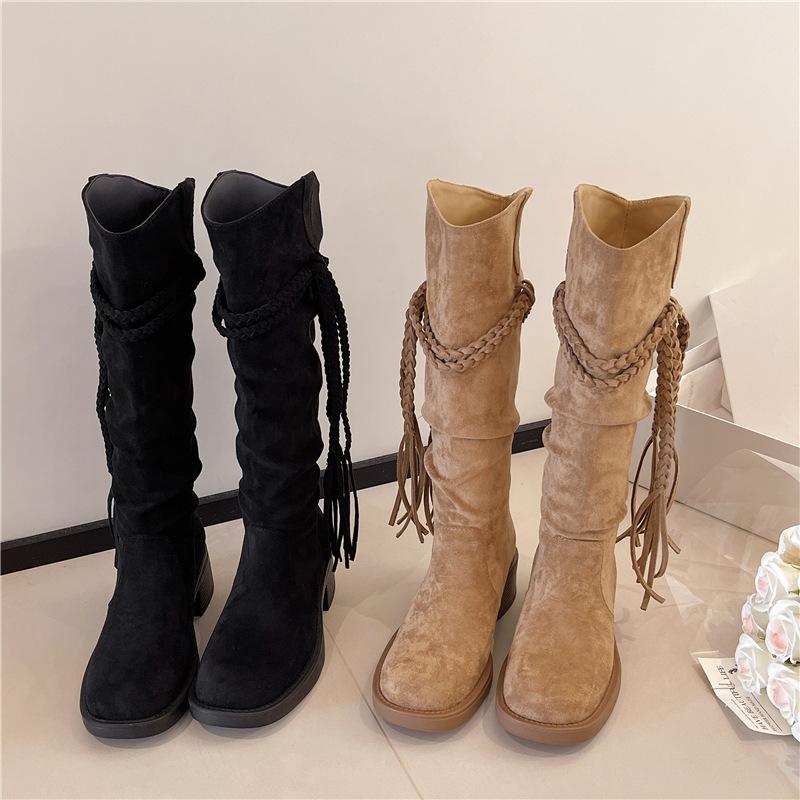 2025 autumn retro fringed knight boots thick heel but knee boots slim pile round head brown boots women