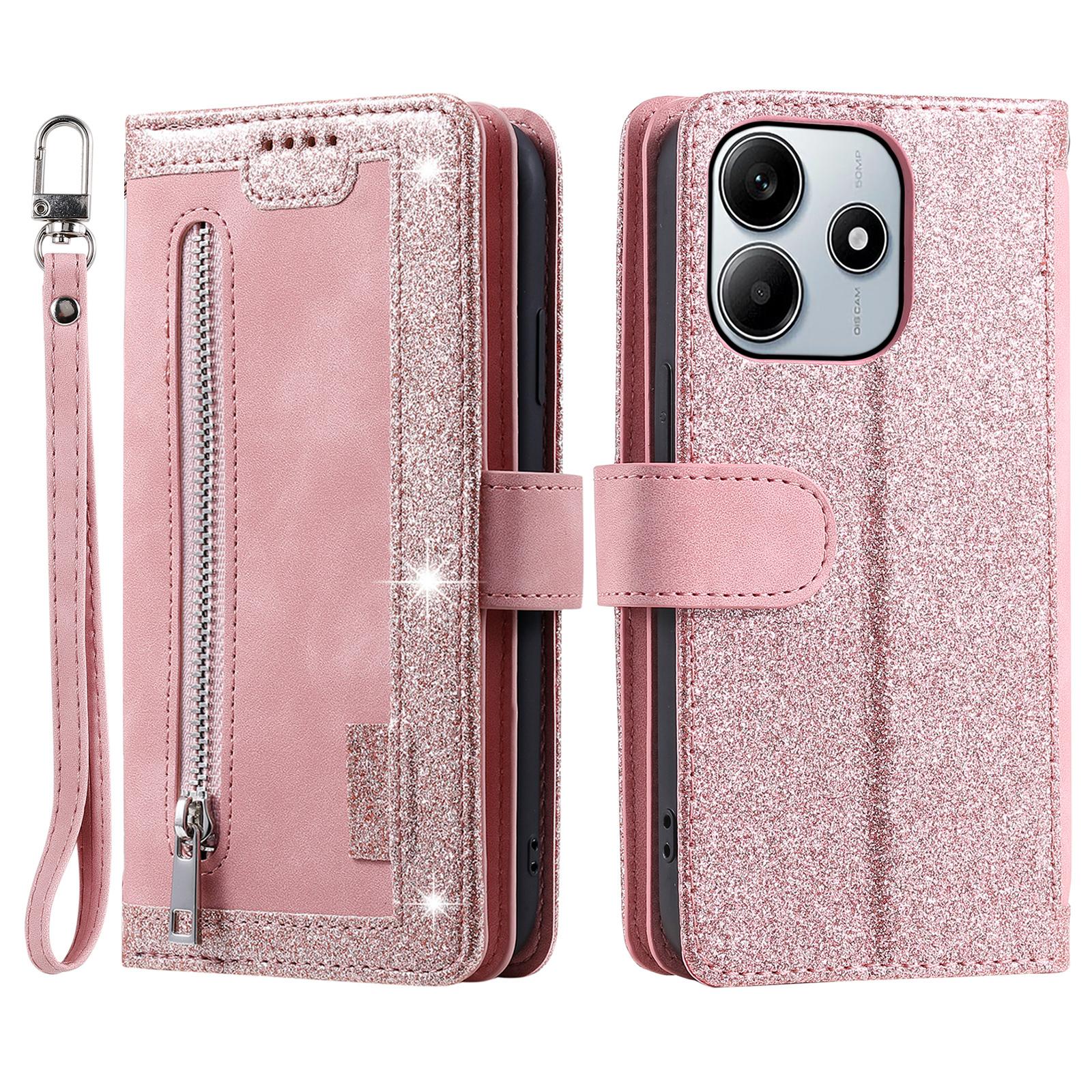 

For Xiaomi Redmi Note 14 5G Case PU Leather Phone Cover with Zipper Wallet 9 Card Slots Rose Gold