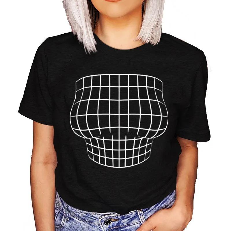 Unisexs Optical Illusion Tshirt with Humorous Large Bust Print Harajuku Style TshirtBlack Gothic Style Topgraphic T Shirts