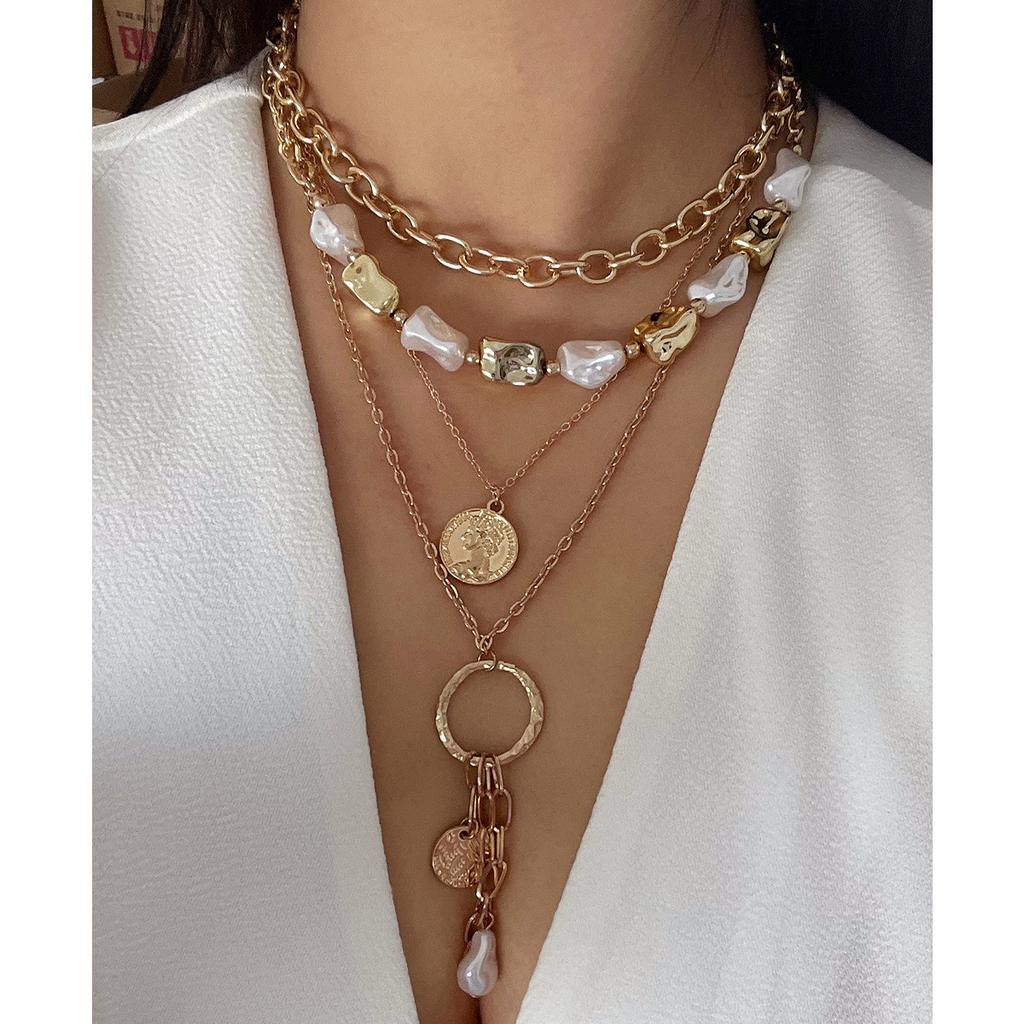 Vintage Baroque imitation pearl pendant stacked necklace female punk alloy portrait pendant item jewelry