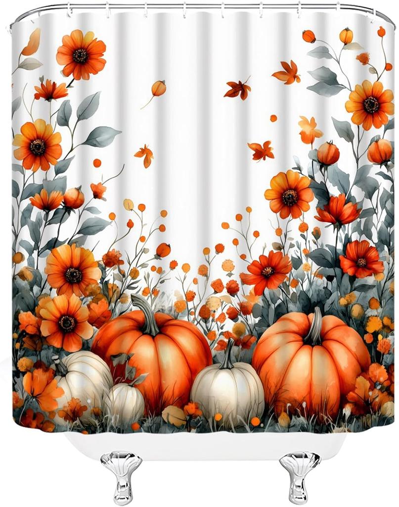Thanksgiving Pumpkin Shower Curtain Orange Flower Butterfly Fall Pumpkin Watercolor Leaves Rustic Nature Autumn Fabric Bathroom