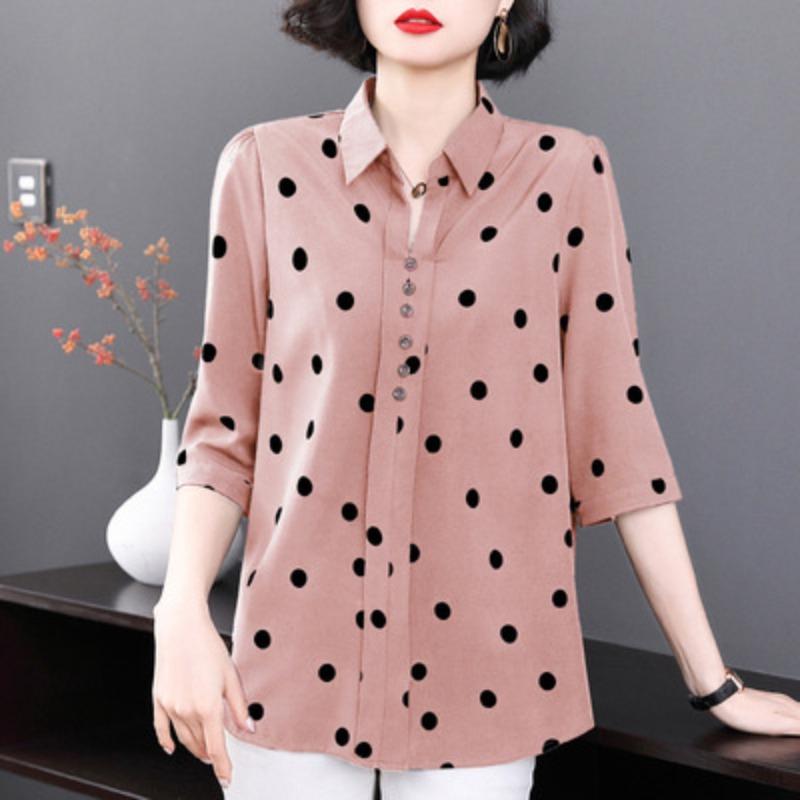 VEZFAA Women's Fashion Casual Summer Spring Polka Dot Print 1/2 Sleeves POLO Neck Blouses & Shirts