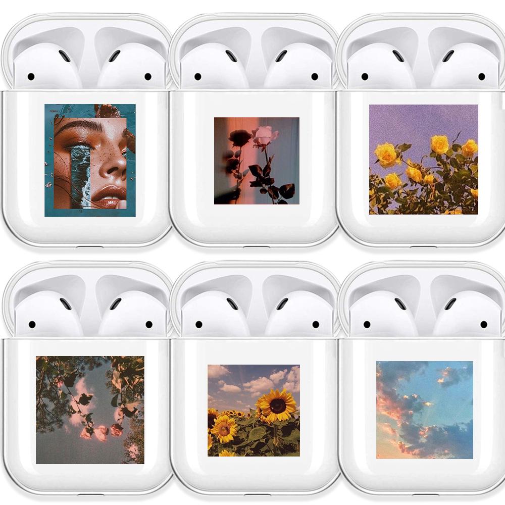 

Прозрачный мягкий чехол с эстетичной розой и подсолнухом для AirPods 2 1, прозрачный силиконовый чехол для беспроводных наушников Bluetooth Sky Cloud