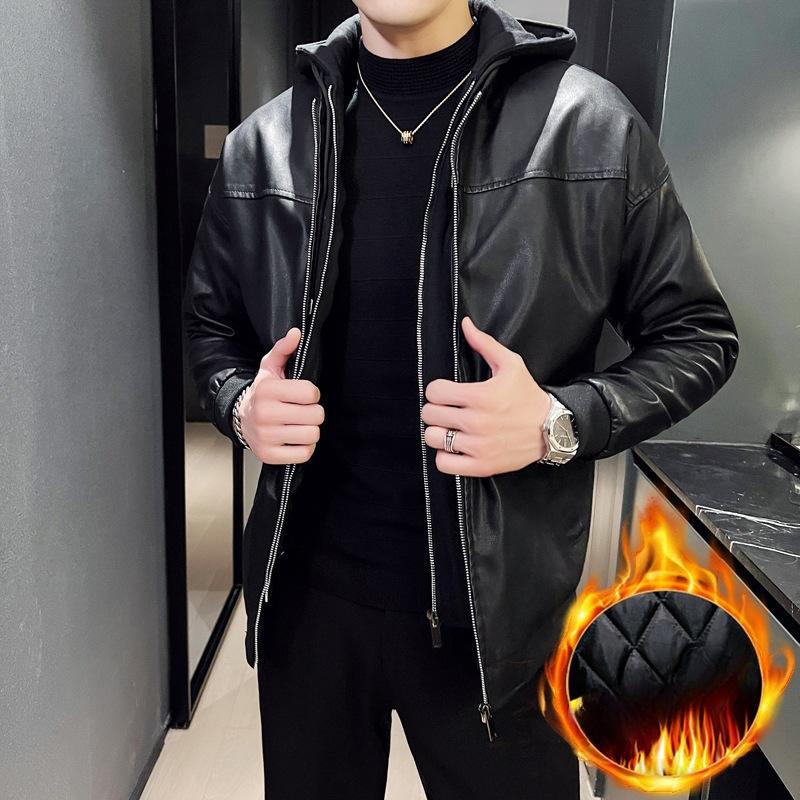 

Autumn and Winter Hooded Locomotive Leather Jacket Men s Cotton Handsome New Casual PU Leather Jacket 3XL