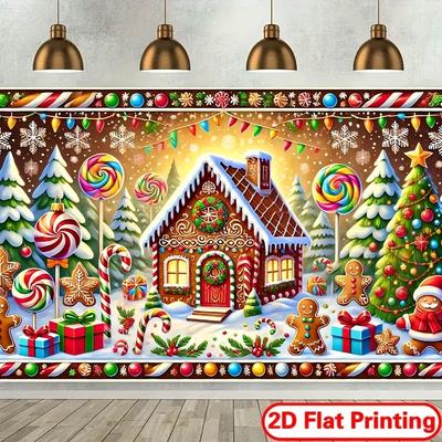 2D Whimsical Christmas Gingerbread Scene Backdrop, Party and Wall Decor Background