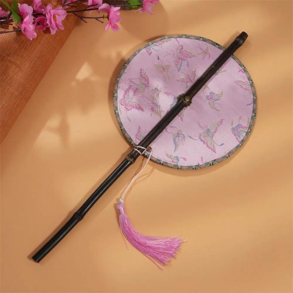 Retro Ancient Style Chinese Bamboo Waist Fan Rollable Foldable Long Handle Fan Decorative Cooling Group Fan Hanfu