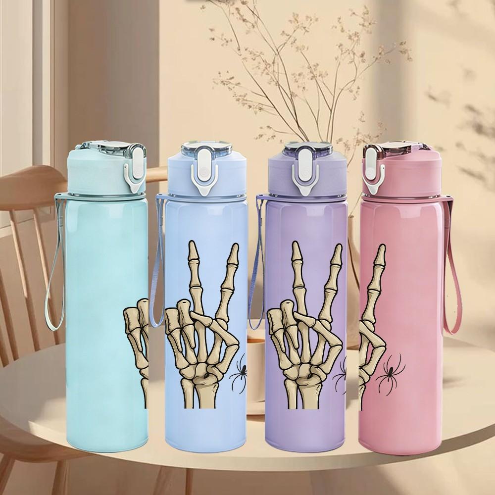 1PC Skeleton Hand Peace Sign 750ml Color Plastic Sports Water Bottle Leakproof Flip Straw Lid Suitable for Sports Office Home Use