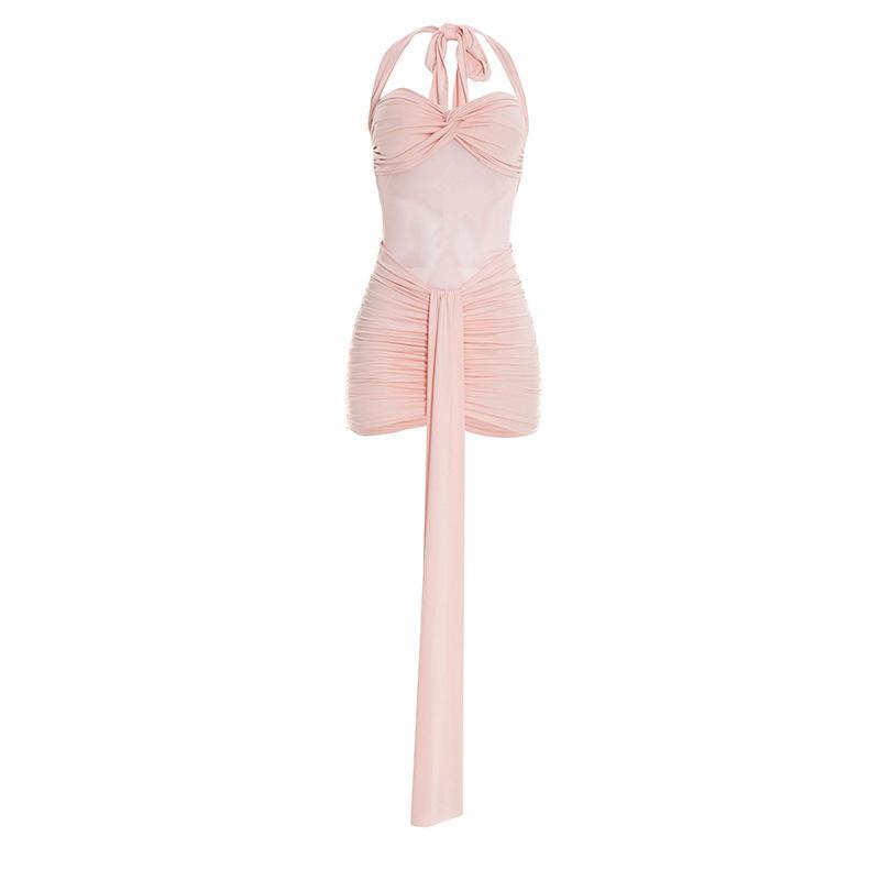 Women Casual Solid Color Mesh Patchwork Twisted Halter Short Bodycon Dress