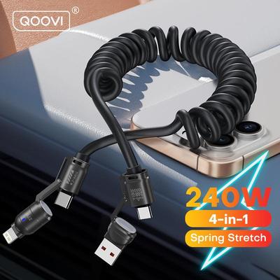 QOOVI Cable USB Tipo C 4 en 1 de 240W Telescópico de Resorte Carga Súper Rápida Cable de Datos USB C Para iPhone 16 14 Laptop Samsung Xiaomi