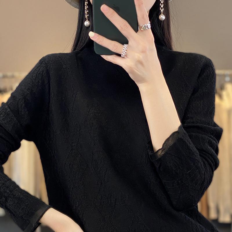 Women's Chiffon Knit Lace Long Sleeve Top with Half High Collar