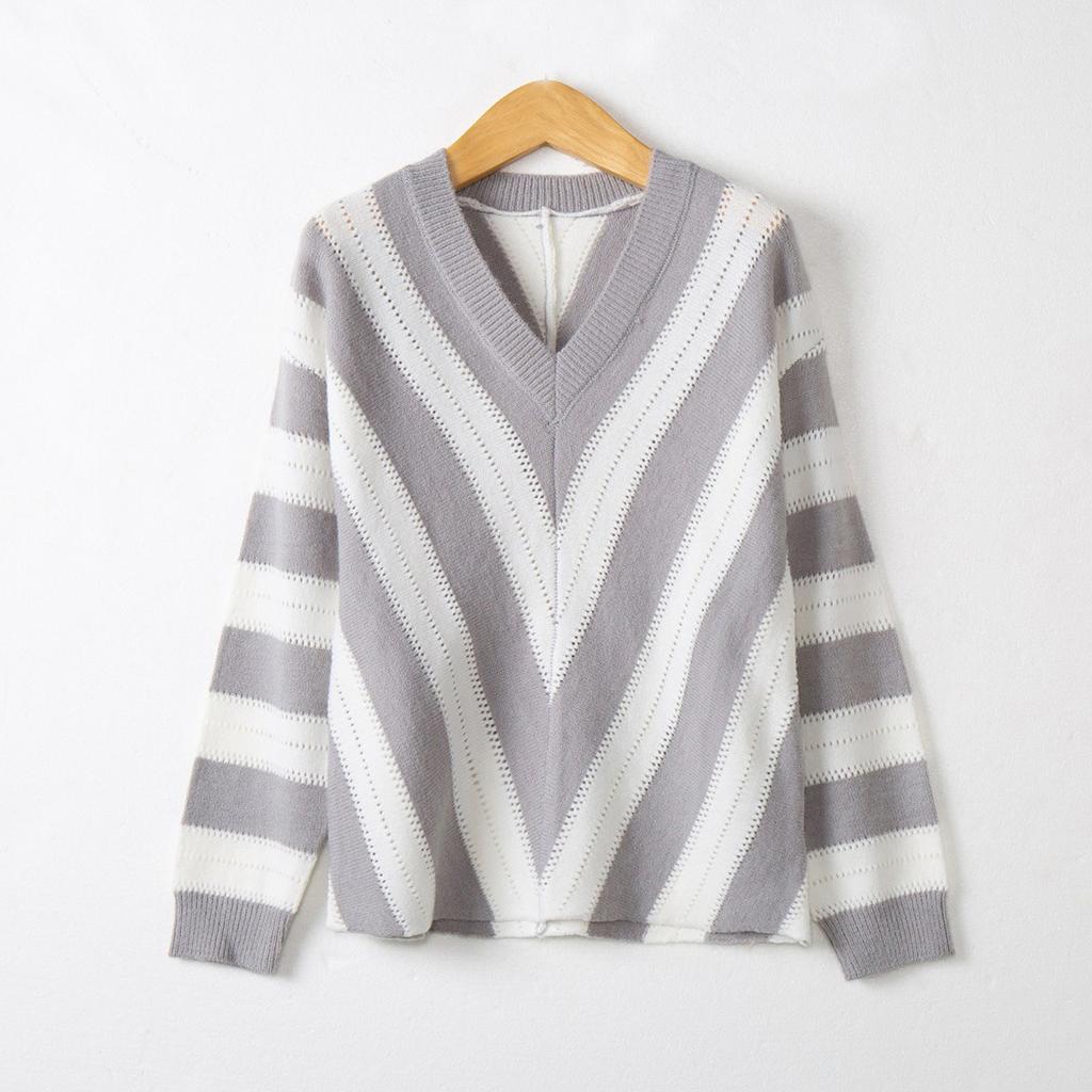 Pull à manches longues et col en V pour femme, léger, ample, décontracté, ajouré, rayé