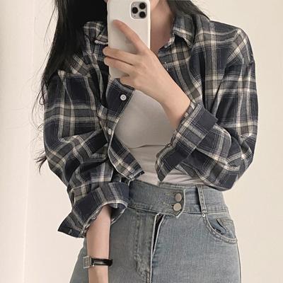 Cămașă Scurtă Coreeană Retro cu Carouri, cu Rever și Mâneci Lungi, pentru Femei, Slim și Top Buric pentru Femei