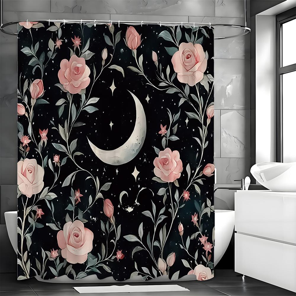 Pink Floral Moon Shower Curtain, Bathroom Decorative Shower Curtain, Waterproof Shower Curtain with Hooks