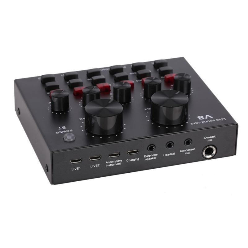 V8 Placa de som multifuncional ao vivo Interface de áudio USB Mixer de áudio ajustável com volume inteligente