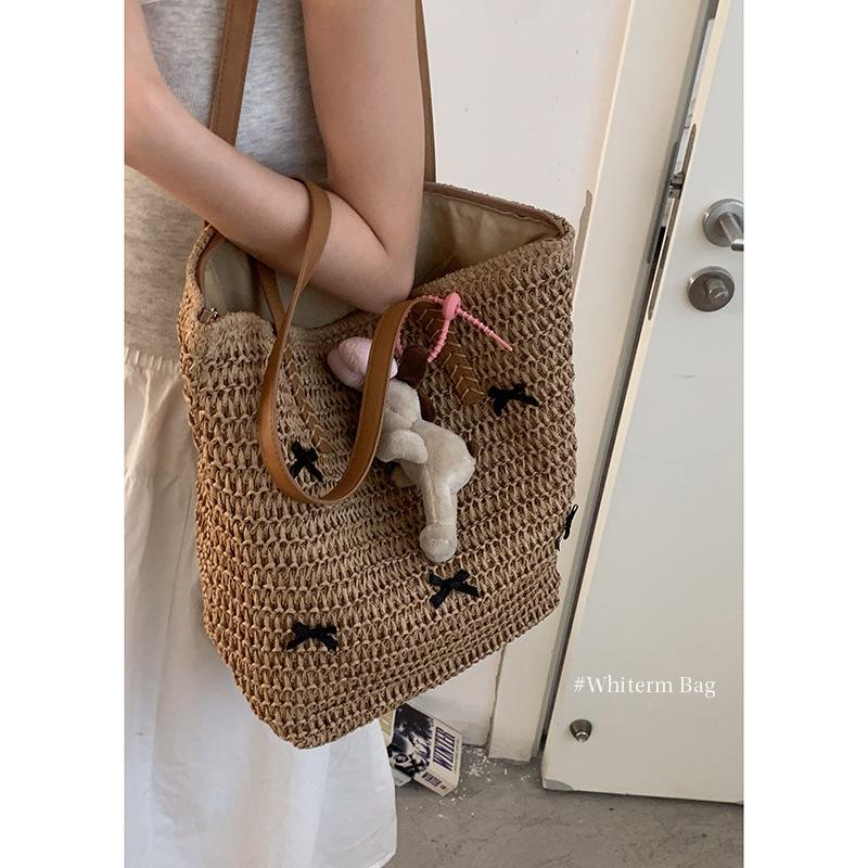 Fashionable Large-capacity Ladies' Backpack, Bow Tote Bag, Vacation-style Woven Bag