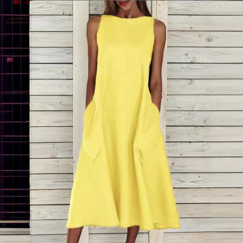 Sommer Damen Locker Baumwolle Leinen Einfarbig Ärmellos Rund Gebunden Tasche Lässiges Kleid