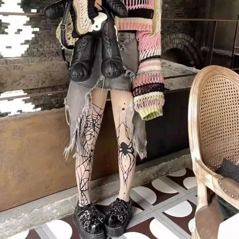 Halloween Spider Pattern Silk Stockings Gothic Vintage Dark Fishnet Tights Women Emo Alternative Sexy Spider Web Witch Pantyhose