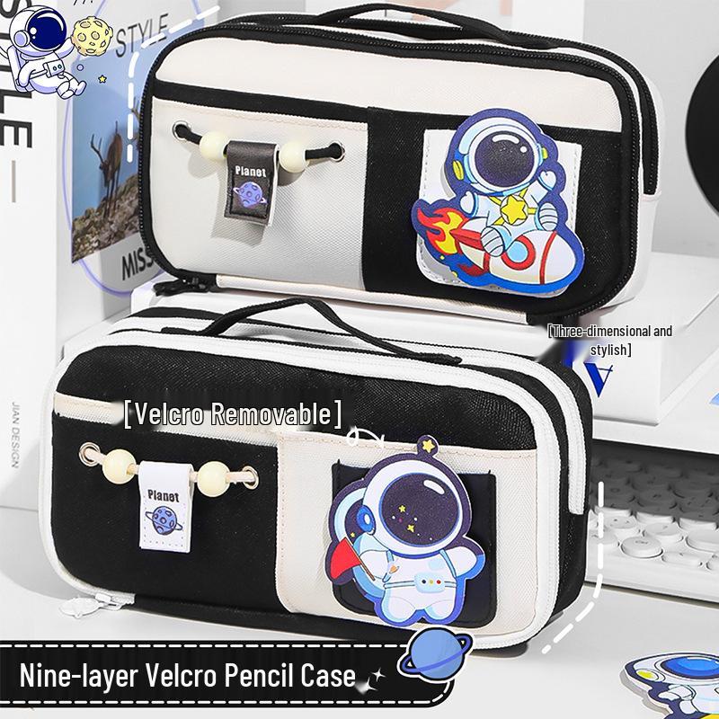 Send Astronaut Velcro! Boys' Black Dirt-Resistant Pencil Case, Hand-Carry, Large Capacity, New 2025 Style.