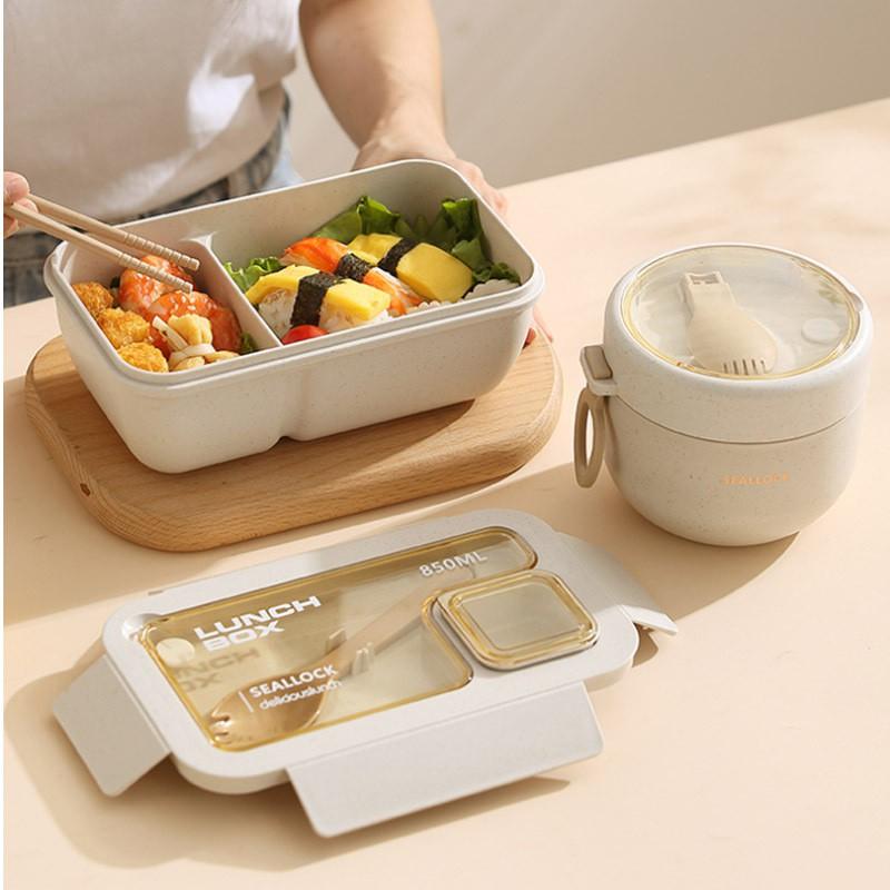 Microwave-Safe Bento Box Adults - Dual Compartment PP Lunch Container Leakproof Rectangular Wheat Color Office School Use
