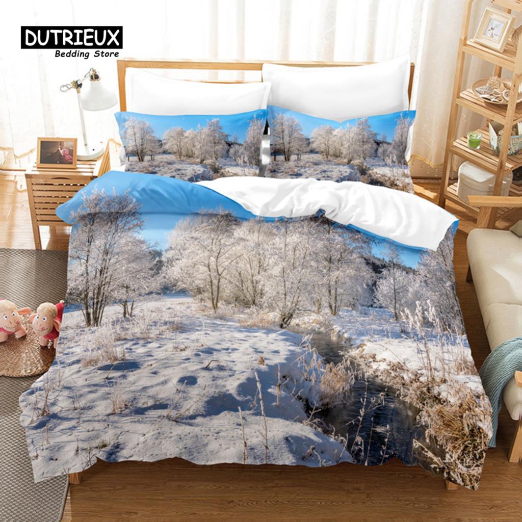 Snow Scene Hut Bedding Set, 3Pcs Duvet Cover Set, Soft Comfortable Breathable Duvet Cover, For Bedroom Guest Room Decor